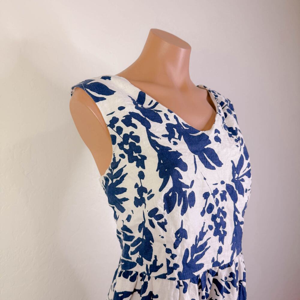 Magaschoni Bold Shadow Fauna Linen Smocked Midi Dress Blue White Size 10 NWT - Picture 4 of 9